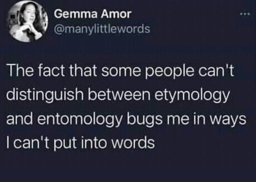 Screenshot of a tweet by Gemma Amor (@manylittlewords): The fact that some people can't distinguish between etymology and entomology bugs me in ways I can't put into words.