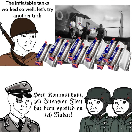Allied Soldiers loading tin foil into airplane - Nazi German soldiers: "Herr Kommandant, ze Invasion Fleet haz been spotted on zeh Radar!"