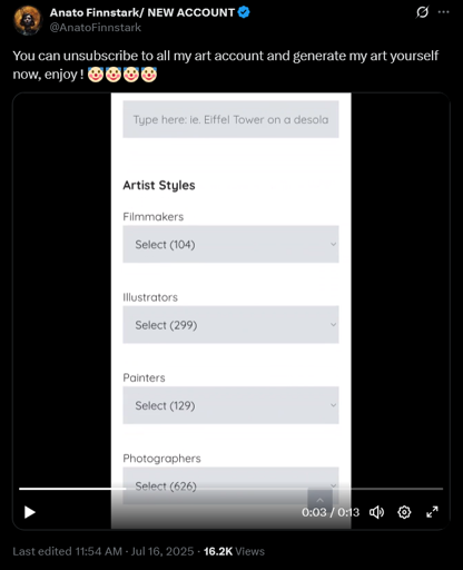 Screenshot of artist Anato Finnstark pointing out her name in a prompt form app which allows for selecting artist styles by name.
