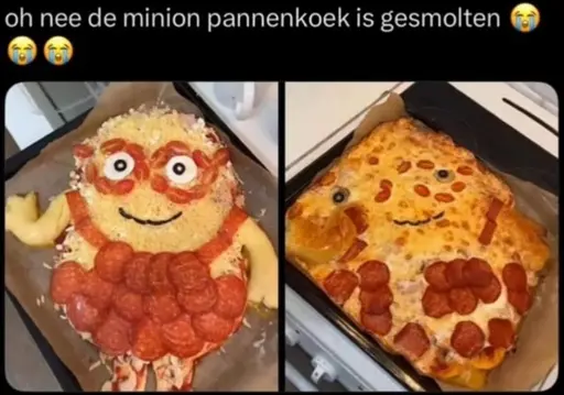 "oh nee de minion pannenkoek is gesmolten" says some text followed by crying emojis. There's also a before and after picture of a pancake or pizza shaped to be like a minion using pepperoni and tomato to make most of the features of the minion. The after picture shows everything having melted and rendering the minion into mostly a rectangle with all the pepperoni and such having drifted off somewhere.