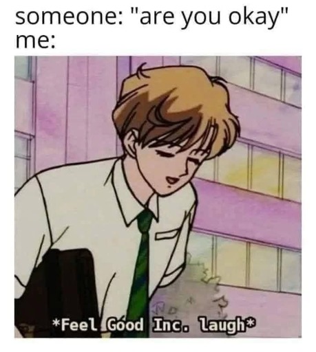 Image of a laughing anime character. Top text reads: "someone: are you okay? Me:". Text on bottom of image reads: "Feel Good Inc. laugh"