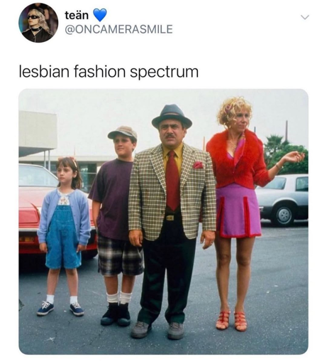 "lesbian fashion spectrum" above an image of a child in overalls and a lavender jacket, a child in plaid shorts and a baseball cap, a person wearing a suit jacket and bowler, and a person in a red top and pink skirt. 