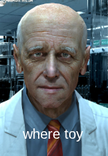 old man in scientists lab coat with blue undershirt and red tie
