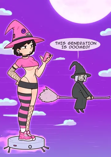 An old classic witch riding a broom says "This generation is doomed" while looking at a younger witch looking at her phone. She's standing on a flying roomba, she's wearing mismatched socks, an extremely short skirt, arm fishnets a pink tank top that exposes her underboob and a chocker.