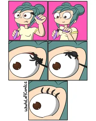 comic of a lady putting spiders behind her eye with their legs poking out to imitate regular lashes