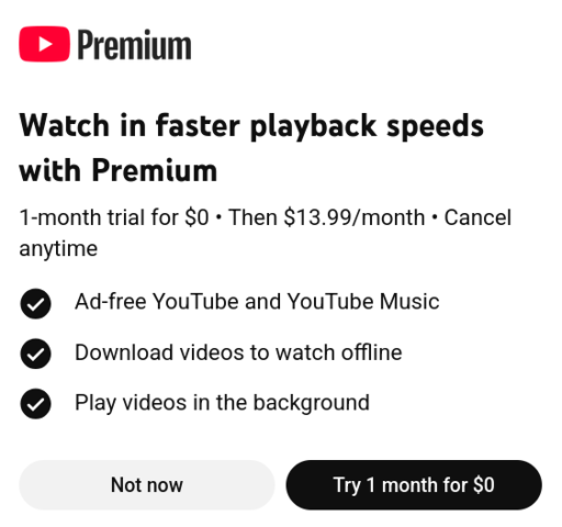 screenshot of youtube saying "Watch in faster playback speeds with Premium"